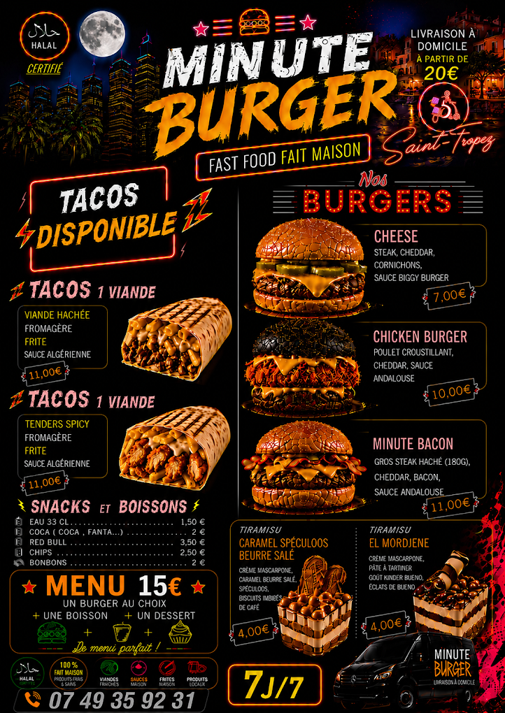 Carte Minute Burger avec la formule burger, boisson et dessert à 15 euros