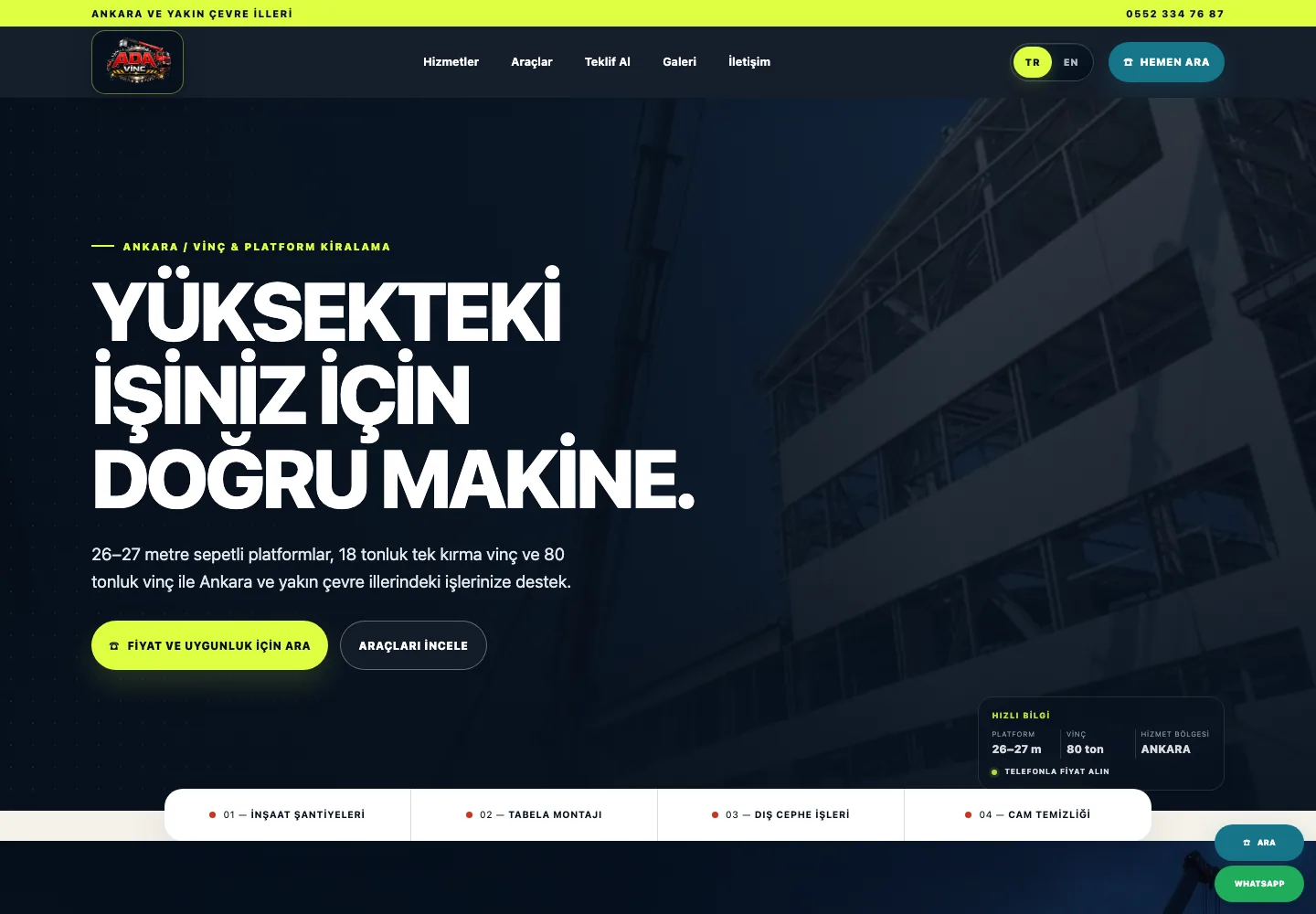 Aperçu de la page d’accueil du site Ada Vinç Platform, présentant ses services de location de grues et plateformes à Ankara